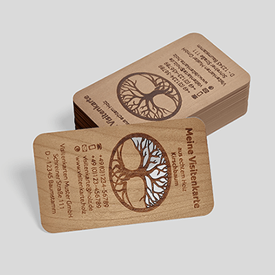 Holz Visitenkarten aus Birne, Buche, Kirsche online günstig mit Logo bedrucken
